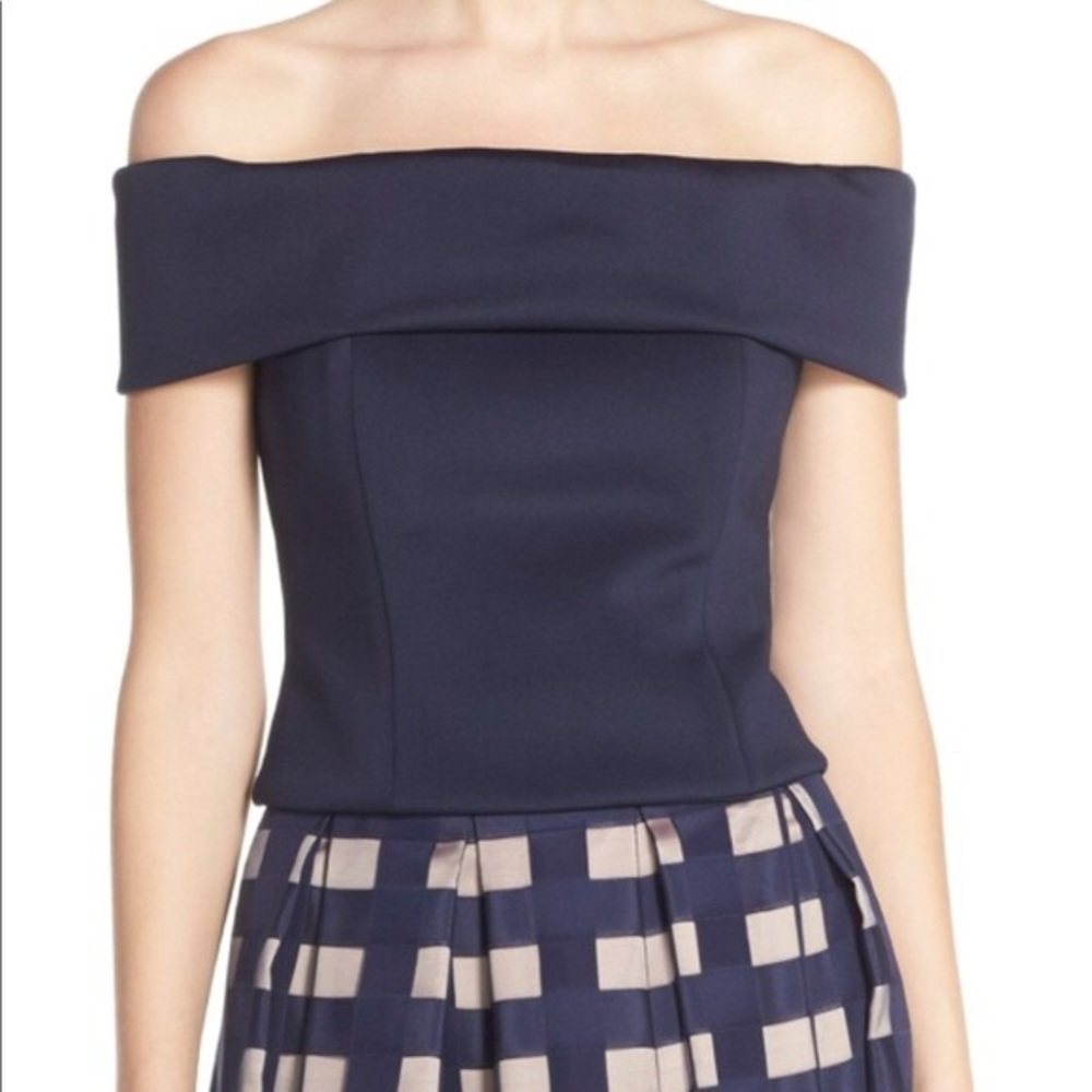 Eliza J off the shoulder dark blue top